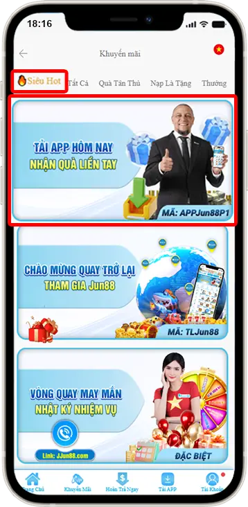 Bước 2: Chọn Siêu Hot » Chọn mã khuyến mãi "APPJun88"
